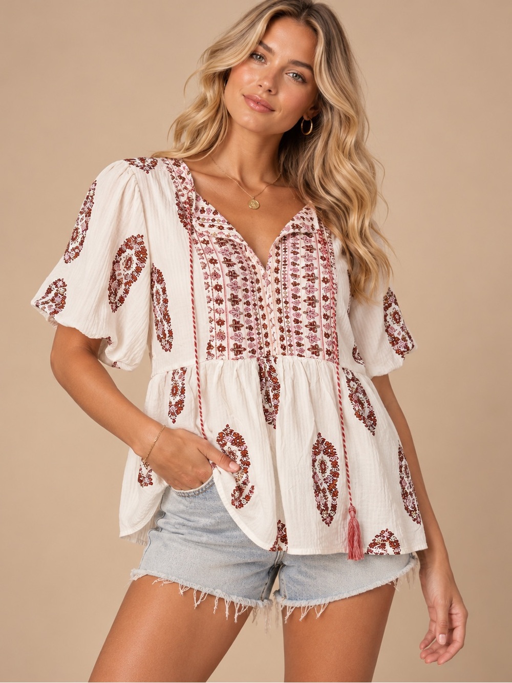 Knox Rose White Pink Paisley Boho Peasant Blouse Size XL